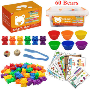 Counting Bears with Stacking Cups - Montessori Educational Sorting Rainbow Toys For 3 Year Old Boys and Girls with 60 Preschool Math Toy Storage and Toddler Games Book