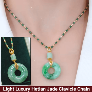 Hetian Jade Peace Button Necklace Green Jade Peace Buckle Pendant Light Luxury Hetian Jade Clavicle Chain Fashion Women Accessories Jewelry