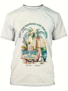 Original MenS Tropical Surfboard & Coconut Tree 3D Print Casual Tee - Comfortable Short Sleeve Round Neck Summer Top