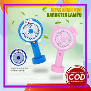 Kipas Tangan Karakter LED / Kipas Angin Mini Karakter Doraemon Hellokity Bisa Jadi Senter + Ada Standing - Stand Handy Mini Fan Karakter LED Rechargeable