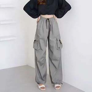 Celana Cargo Wanita Haighwaist Loose Pants - Celana Cargo Serut Korean style Warna Hijau