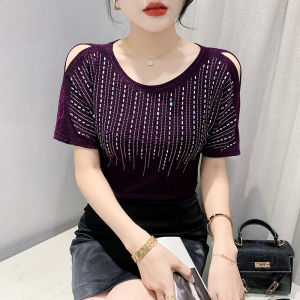 YIMEI purple tops for women 2023 Summer Short Sleeve Round Neck Off Shoulder T-shirt Design Beautiful glitter tops for women