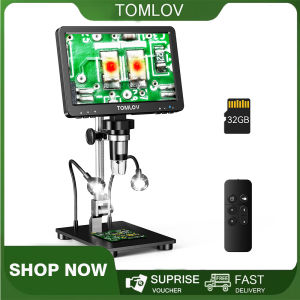 TOMLOV DM9 Pro HDMI Digital Microscope 1200X WITH Remote Control 7 Inch IPS Screen Video Coin Microscope for Entire Coin View 16MP Soldering Microscope with Metal Stand 10 LED Lights 32GB SD Card Include