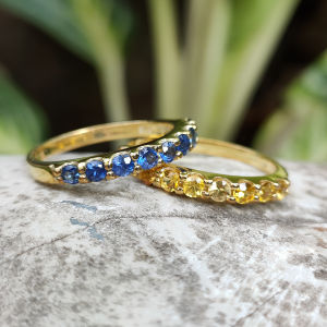 แหวนแถวพลอยแท้บุษราคัมและพลอยไพลิน บ่อบางกะจะจันทบุรี ตัวเรือนเงินแท้ 92.5 % ไซส์ 58 / 8.5 US