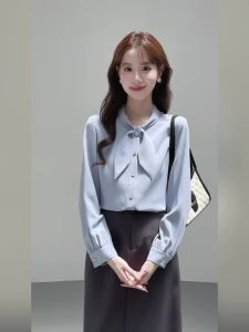 AMMIN Korean Style Bowknot V-neck Blue Single-breasted Commuter Shirt for Women 2025 Autumn New Long-sleeve Professional Elegant Blouse