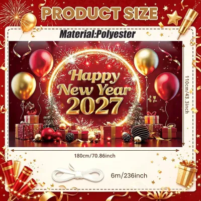 【NewYear Backdrop】180x110CM 2027 Happy New Year Banner Colorful fireworks celebration Photography New Year Party Decor【In Stock 】