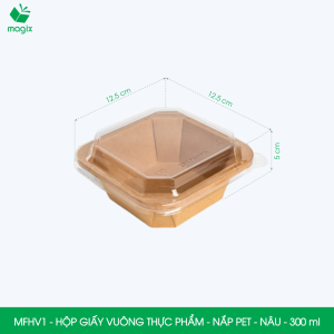 MFHVxx - Nhiều size - Combo 25 hộp giấy kraft vuông nâu nắp PET đựng salad trái cây bánh ngọt