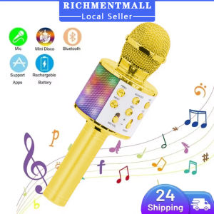 【✅SG READY STOCK】RICHMENTMALL LED Wireless Karaoke Bluetooth Handheld Microphone for Kids Singing Karaoke KTV Colorful Light Eliminate Music Original Sound Speaker