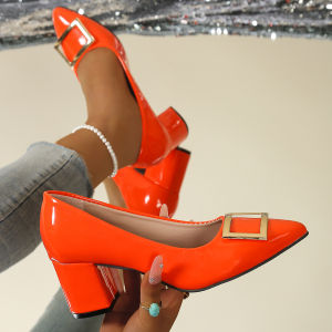 Free Shipping 2026 Patent Leather Square Buckle High Heels WomenS Single Shoes Thick Heel Pointed Toe Shallow Mouth WomenS Shoes Commuter OL Workplace Style WomenS Shoes