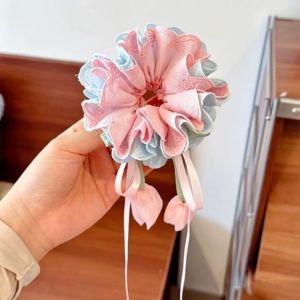 ZENDO12 Sweet-style Tulip Hair Scrunchie Multicolor Floral Kids Bun Maker Children Hair Accessories Elastic Ribbon Hair Tie Dailywear