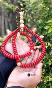 Tasbih Batu Read Koral Marjan Kombinasi Kayu Kemuning Gadeng Ukuran 14x6mm Isi 100 Butir - Muslim