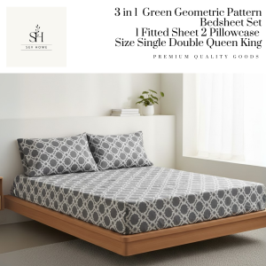 SevHome 3 in 1 Green Geometric Pattern Bedding Set Bedsheet Garterized Bed Sheet 1 Fitted Sheet cover 2 Pillow Case Size Single Double Queen King