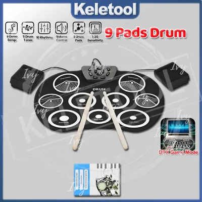 Portable Roll Up Drum 9 Pads Electronic Drum Set Foldable Digital Drum Silicon Drum Pad Kit Roll-up Drum Practice Pad USB Rechargeable with Drumsticks Foot Pedals for Beginner Kids