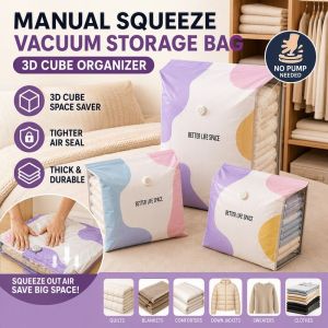 Manual Squeeze Vacuum Storage Bag 3D Cube Organizer No Pump Space Saver For Quilt Clothes