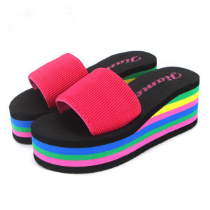 [Free Shipping] Korean-Style High-Heeled Slip-On Sandals With A Wedge Heel WomenS Summer Rainbow-Colored Thick-Soled EVA Beach Shoes