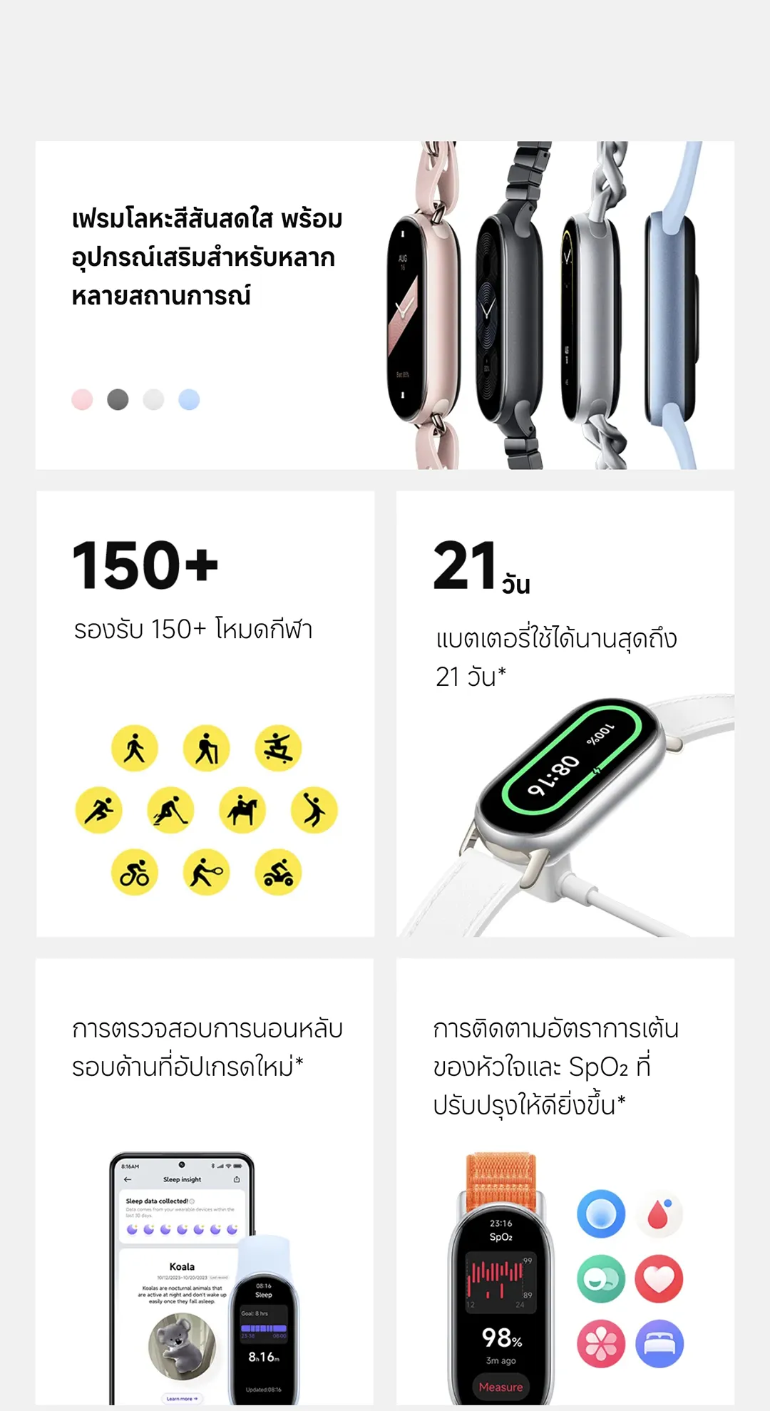 Xiaomi Band 9 Smart นาฬิกาสมาร์ทวอทช์ การวัดออกซิเจนในเลือด หน้าจอ1.62" 60Hz AMOLED การปรับความสว่างได้อัจฉริยะ