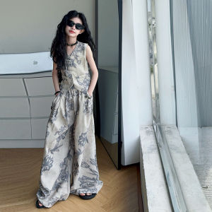 Summer Teenage Girls 2PCS Clothing Sets V-Neck Vest + Wide Leg Pants Fashion Print Cool Suit Streetwear Kids Vintage Tracksuits h260702