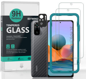 Ibywind สำหรับ Redmi Note 10 4G/Note 10S Screen Protector (แพ็ค 2 ชิ้น) พร้อมตัวป้องกันเลนส์โลหะ 1 ชิ้น ฟิล์มกลับไฟเบอร์คาร์บอน 1 ชิ้น ชุดติดตั้งง่าย