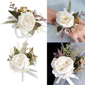 Aesthetic Champagne Wrist Flowers and Boutonniere Set for Prom Celebrations Groomsmen Bridesmaid Wedding Party Supply