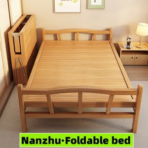 Solid Wooden Foldable Bed Single Bed Frame Indoor Bamboo Furniture 200*60cm Household Simple Double Solid Wood Frame Reinforced Bed