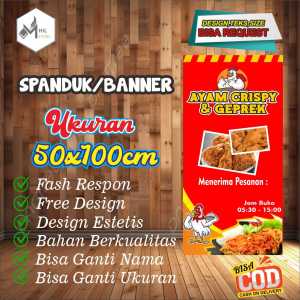 Spanduk Banner Ukuran 50x100cm AYAM CRISPY DAN GEPREK Free Custom Design Dan Ukuran