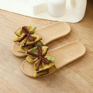 New Fashion Bowknot Linen Slippers For Women Indoor Sweat-Absorbing Non-Slip Silent Soft-Soled Home Sandals