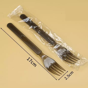 Food-grade disposable forks and spoons set of 50 units. Black cutlery with brown transparent handles.