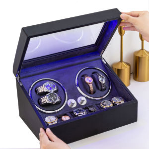 Automatic Watch Winders for Mens and Womens Watches with 4 Winding Positions and 6 Storage Case with Blue Interior BacklightAC Adapter