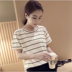 Y8#Korean style loose large size striped short-sleeved T-shirt womens top bottoming shirt
