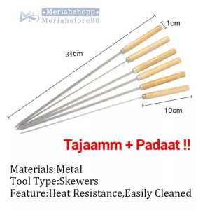 Alat Tusuk Penusuk Sate Panjang 34cm Stainless Tebal FOODGRADE Handle Gagang Kayu BBQ fork daging ayam kebab sapi
