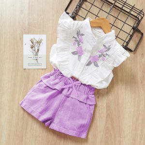 Gấu Lãnh Đạo Bộ đồ cho con gái Trang Phục 2024 Mùa Hè Trẻ Em Hoa Xinh Đẹp Trẻ Em O-Cổ Bộ quần áo Thêu Hoa Không Tay T-Shirt + Quần Short Màu Trắng 2Pcs Bé Quần Áo Trẻ Mới Biết Đi Cho 3-7 Năm