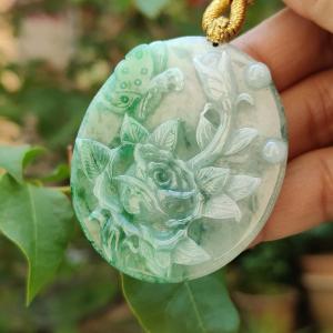 Green with green patches Natural Type A Jadeite Pendant carved with Butterfly and flowers represents Sweet Love with happy marriage wealthy with flowers blooming and mutual love certificate weigh 26.02 g 49.3 * 40.6 * 6.8 mm (pendant84)