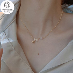 Viviann Original Fashion White Jade Rose Necklace Summer Light Luxury Clavicle Chain Premium Pendant Vintage Rose Necklace Pendant Long Chain Charm Necklace Womens Jewelry Valentines Day