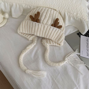 【WJ】Red Hat Womens Autumn and Winter Korean Edition Cute Deer Horn Knitted Thickened Warmth and Cold Protection Ear Hat