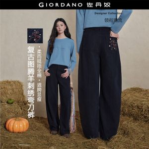 Giordano Women Totem ram embroidery high waist barrel pants Free Shipping 18416711