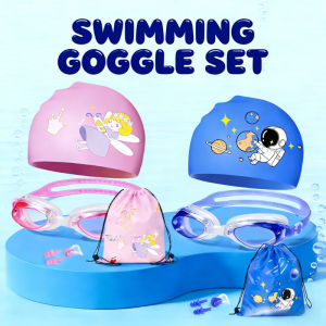 Kids Cartoon Swimming Goggles Set Stretchable Swim Cap Waterproof Anti-Fog Goggles for Swimming