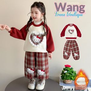 TUmama Dễ thương Hello Kitty kẻ sọc thiết lập cho thu đông cho bé gái ấm dày hai mảnh trang phục