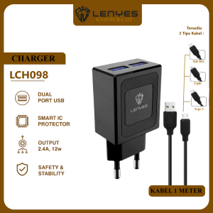 LENYES LCH098 12W 2 USB Adaptor Dengan Kabel Charger 1Meter Real Capacity 2.4A Murni Original