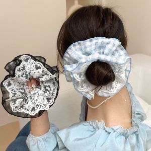 NTSITAR สองชั้น รองเท้ารัดส้นลูกไม้ เย็บปักถักร้อยปักลาย สไตล์ฝรั่งเศสแบบ เชือกผมขนาดใหญ่ หรูหราสุดหรู สง่างามเรียบหรู ยางรัดผมผู้หญิง สาวๆ