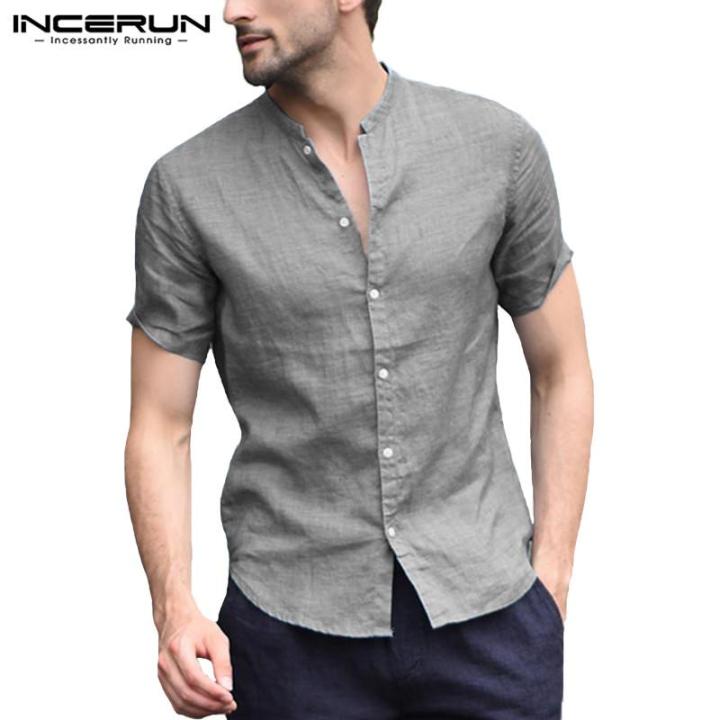 Perfectly Incerun Mens Collarless Short Sleeve Casual Button Down Blouse Cotton Shirt Lazada Ph 