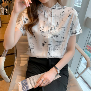 AFEG new Korean fashion loose all-match printed chiffon short-sleeved blouse for women