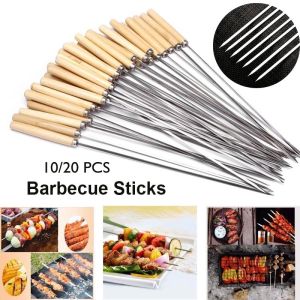 MLADEN 10/20PCS BBQ Stainless Steel Stick Barbecue Stick Wooden Handle Reusable Grilling Stick