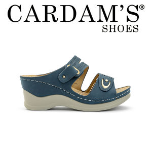 Cardams Womens Wedge Sandals CLY 25585  Brown Navy Blue C3 Adjustable Straps Decorative Buckle