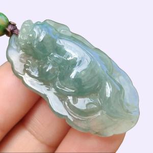 Green Natural Type A Jadeite Jade crafted with Pixiu as Pendant certificate weighs 12.84 grams measurement 40 * 23.8 * 10 mm (pendant251)