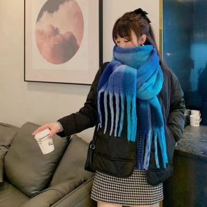 GOUPDO Versatile Four Color Thickened Scarf Long Tassel Female Korean Style Cashmere Scarf 2023 Thicker Rainbow Winter Plaid Shawl