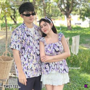 TW21722 Set คู่ เสื้อเชิ้ตฟรีไซร์ + เสื้อกร้ามหางปลาพร้อมโบว์ผูกผม ..