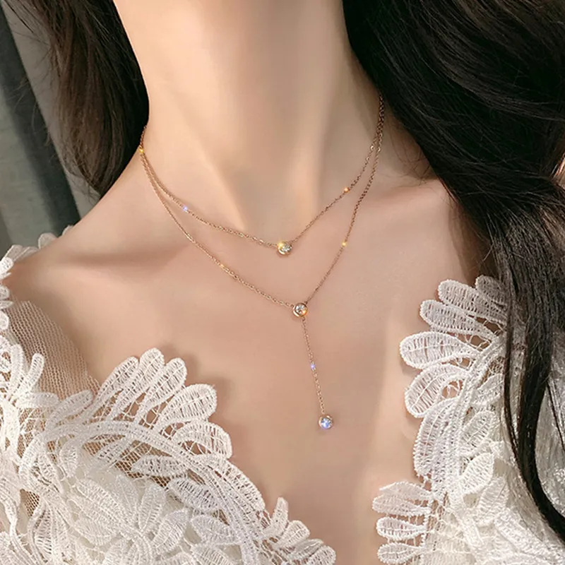 OYJR Luxury Crystal Layered Necklace for Women Fashion Rose Gold Jewellery  Double Necklaces Pendant Gold Chain Accessories Jewelry