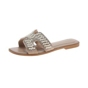 Free Shipping New Summer WomenS Flat Sandals Casual One-Strap Sandals Pearl-Embellished Trendy Sandals Suitable For Outdoor Wear