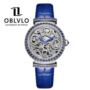 (OFFICIAL 3 Yrs WARRANTY) OBLVLO BM Leather Strap Waterproof Skeleton Crystal Dial Automatic Mechanical Ladies Luxury Watch