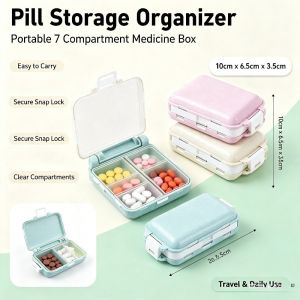 Portable Pill Storage Organizer 7 Compartment Medicine Box for Travel Daily Medication Case